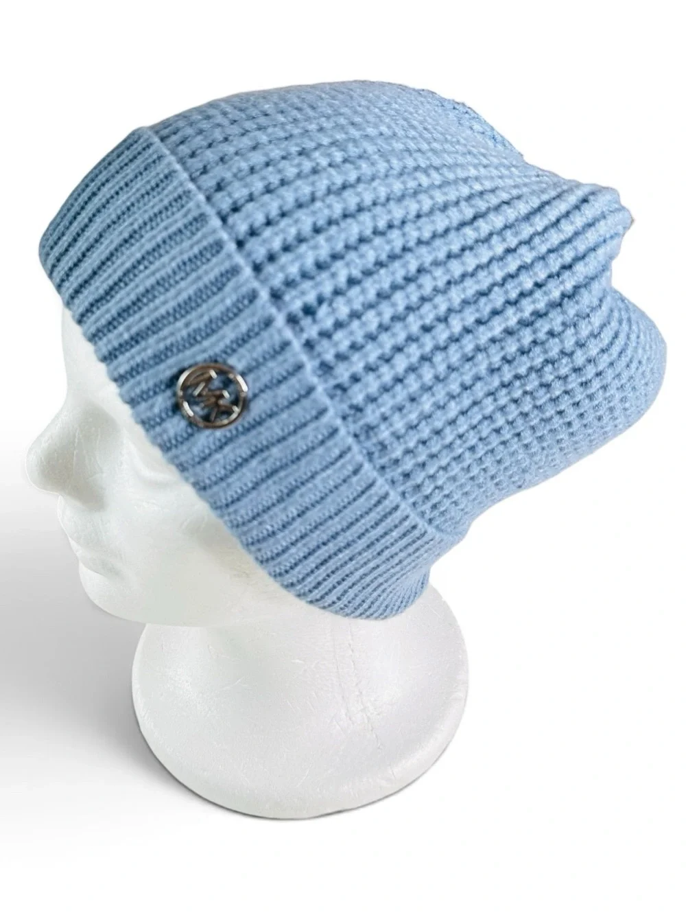 Michael Kors Blue Ribbed Knit Slouchy Beanie Silver MK Logo NWOT